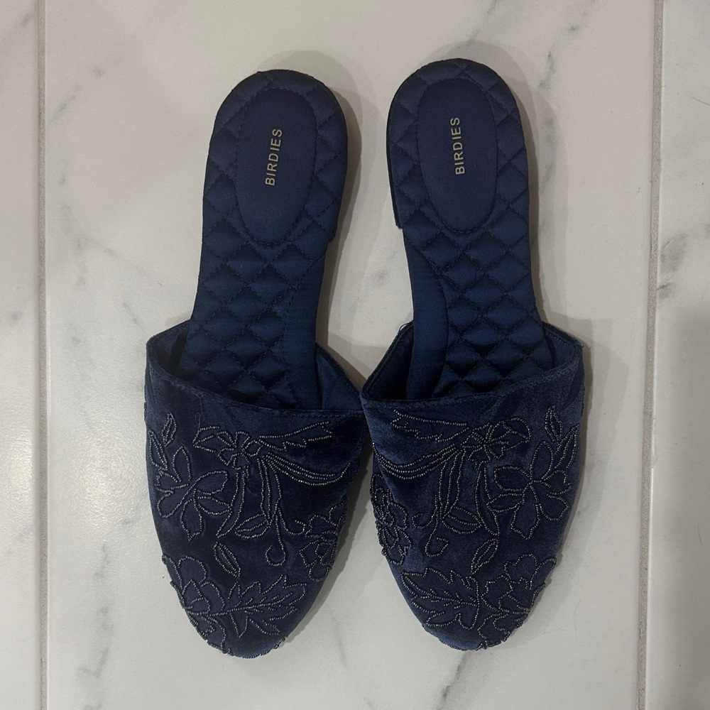 Birdies Midnight Blue Floral Slippers